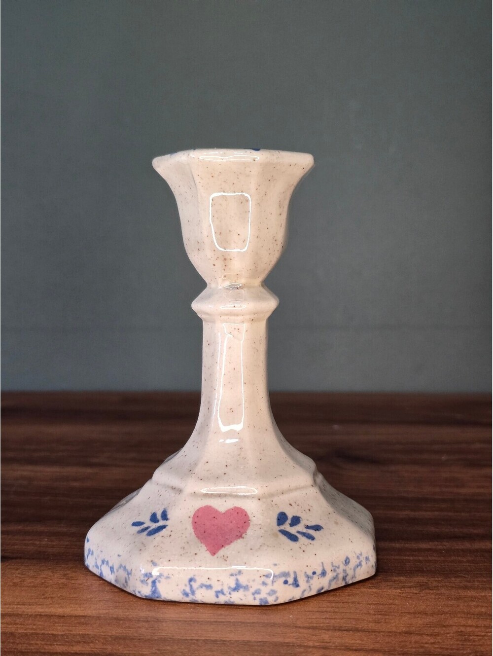 Vintage Spongeware Heart Ceramic Candlestick Holder Country Decor